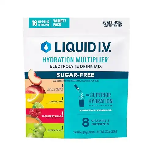 Liquid I.V.® Hydration Multiplier Sugar-Free - Raspberry Melon, Lemon Lime, White Peach, Green Grape | Electrolyte Powder Drink Mix | 1 Pack (16 Servings)